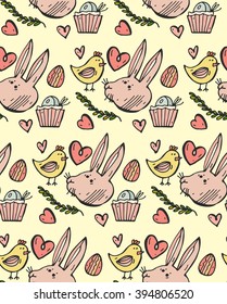 Vector seamless  illustration pattern with cute retro icons for Easter design. Easter background.Seamless  spring mood pattern .Easter Spring background with chickens,rabbits and eggs.