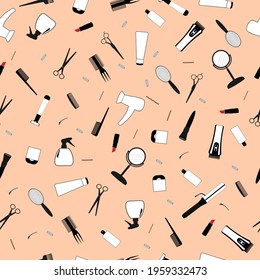 Vector seamless illustration of a pattern of professional hairdressing tools on a pink background. Comb, hair straightener, curling iron, scissors, curlers, lipstick, hair dryer, hair styling spray.