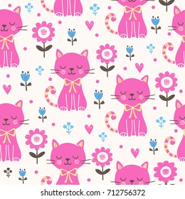 Vector seamless illustration with pink cats. A pet with flowers in a children's style.