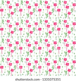 Vector seamless illustration with pink flowers and green leaves on a white background, artistic, textured. Summer background design.