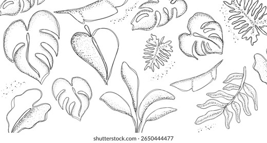 Vector seamless illustration of plants, bright colors, black and white background, hand drawing style