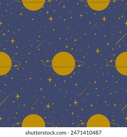 Vector seamless illustration with Saturn planet. Astrology flat pattern on blue background. Outer space