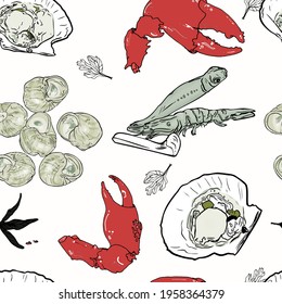  Vector seamless illustration of seafood delicacies. Pattern of crab claws, oysters, snails, fish for logo print, icons, menu, restaurant