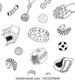 Vector seamless illustration with a set for dogs. Black and white image of things for dogs in the style of doodle. Isolated linear items of toys and dog houses.