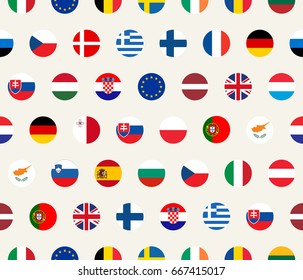 Vector seamless illustration set of European Union countries flags on white background. EU members flags.