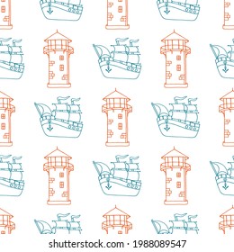 Vector seamless illustration with ships and lighthouses on a white background. Outline drawing.