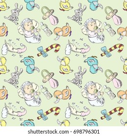 Vector seamless illustration of a sleeping baby and toys in a dream