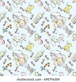 Vector seamless illustration of a sleeping baby and toys in a dream