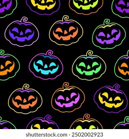 Vector seamless illustration of smiling pumpkins on black background