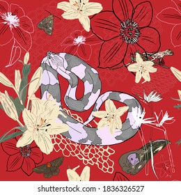 Vector seamless illustration of a snake, butterflies, abstraction, flowers on a colored background. Abstraction pattern for printing on paper, postcards, baby clothes, bed, textiles