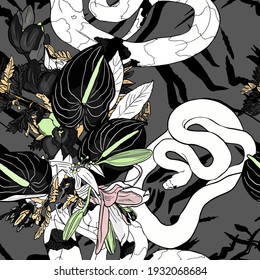 Vector Ilustración sin costura de una serpiente, mariposas, abstracción, flores sobre un fondo de color. Patrón de abstracción para la impresión en papel, postales, ropa de bebé, cama, textiles