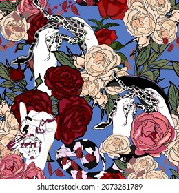 Ilustración vectorial sin fisuras de una serpiente, mariposas, abstracción, flores sobre un fondo de color. Patrón de abstracción para la impresión en papel, postales, ropa de bebé, cama, textiles