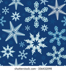 Vector Seamless illustration of snowflakes on a blue background. Winter ornament. Design for fabrics, textiles, paper, wallpaper, Internet. Vintage style. Sample pattern.