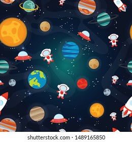 Vector seamless Illustration Of Space. Space flat vector background with rocket, spaceship, moon, Jupiter, satellite, astronaut, planets and stars. Space pattern