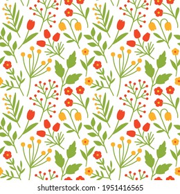 Vector seamless illustration with spring flowers. A bright pattern on a white background with a stylized and simplified image of different wildflowers for printing on various materials.