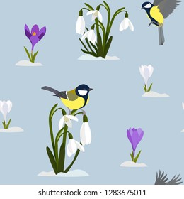 Vector seamless illustration spring snowdrops, crocuses and birds on a blue background. Template for textile, poster, packaging, web design.