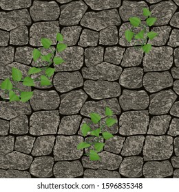 Vector seamless illustration of stone natural pattern as natural texture of masonry with leaves of plant loach