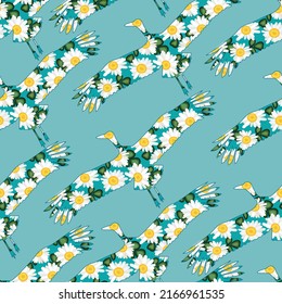Vector seamless illustration with stork silhouettes. Inside the silhouette is a chamomile-clover field. Print for printing and textiles.