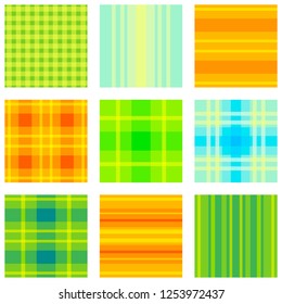 Vector seamless illustration striped, plaid fabric bright cheerful colors set of endless geometric backgrounds for printing on fabric, basic patterns