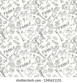 vector seamless illustration, texture, pattern, Doodle, travel to Europe France, symbols and attractions, set of drawings, print design and web design
