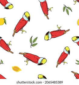 Vektornahtlose Illustration von Toucans auf buntem Hintergrund. Exotische Vögel Muster leer für Designer, Textilien, Fabrik