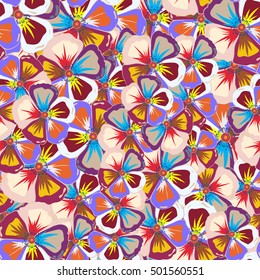 Vector seamless illustration of tropical flowers. Multicolor hand painted. Pattern with tropic summertime motif may be used as background texture, wrapping paper or textile design.