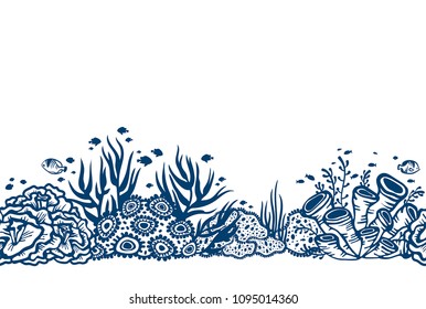 Vector seamless illustration with underwater coral reef with fishes and seaweeds on a white background.