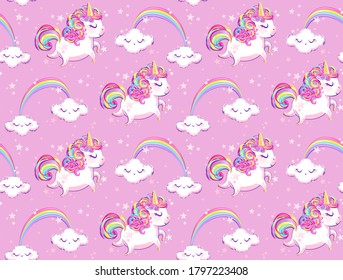 
Vector seamless illustration of unicorns and rainbows with clouds. Bright cute characters on a pink background.