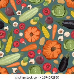 Vector seamless illustration. Vegetables on a uniform background. Composition of carrots, cabbage, pumpkins, garlic, zucchini, eggplant and other vegetables. Vegetarian seamless composition.