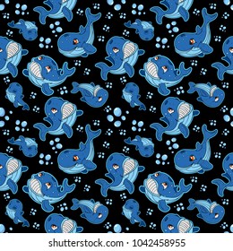vector seamless illustration of a whale fish pattern 
swim with different emotions among underwater bubbles background isolated black background