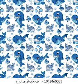 vector seamless illustration of a whale fish pattern 
swim with different emotions among underwater bubbles background isolated white background