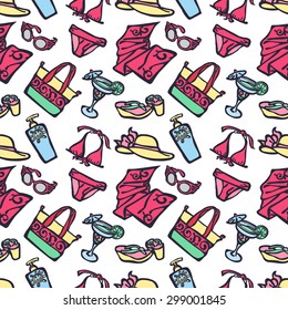 Vector seamless illustration, which shows: swimsuit, cocktail, beach towel, hat, sandals, beach bag, sunglasses.