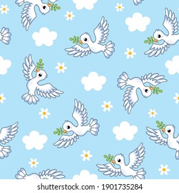 Vector seamless illustration with white doves on a white background in cartoon style. Cute pattern with birds and clouds in a childish style.