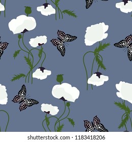 Vector seamless illustration with white poppies and butterflies on a dark background. For decorating textiles, packaging, covers, web design.