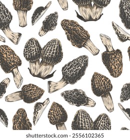 Vector seamless illustration of whole and halves of morel mushrooms on white background. Forest edible mushroom. Perfect for background, wallpaper or textile. Hand drawn grunge style.