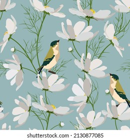 Vector seamless illustration with wildflowers and birds on a blue background. For decoration of textiles, packaging, covers and web design.