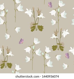 Vector seamless illustration with wildflowers and butterflies in pastel colors. For decoration of textiles, packaging, web design.