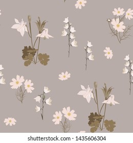 Vector seamless illustration with wildflowers in pastel colors. For decoration of textiles, packaging, web design.