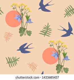 Vector seamless illustration with wildflowers and swallows. For decoration of textiles, packaging, web design, wallpaper.