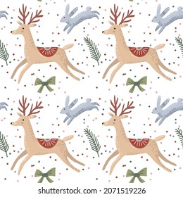 Vector seamless illustration. Winter pattern for Christmas and New Year’s backgrounds. Texture with deers, grey rabbits, Christmas trees and green bows. Very shiny and bright
