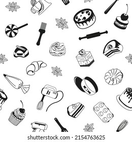 Imagen vectorial sin fisuras de pasteles y herramientas de pastelería. Ilustración en estilo doodle