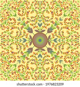 Vector, Seamless Image of a Circular Dotted Mandala in A Floral Theme On a Light Green Background 