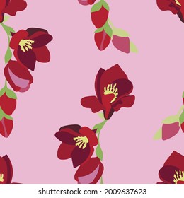 Vector seamless image with freesia branch on pink background. Freesia flowers in shades of red. 