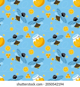 vector seamless image on blue background bees, honeycombs, pots of honey