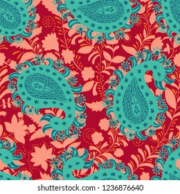 Vector seamless indian pattern. Paisley and flowers. Indonesian batik. Stylized decorative paisley and drawn plants. Colorful design for textile, fabric, web, cover, wrapping paper