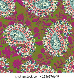 Vector seamless indian pattern. Paisley and flowers. Indonesian batik. Stylized decorative paisley and drawn plants. Colorful design for textile, fabric, web, cover, wrapping paper
