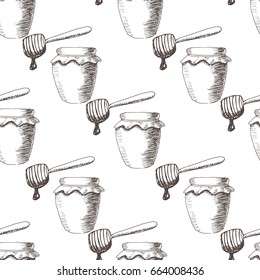 Vector seamless ink hand drawn sketch honey bee pattern. Graphic illustration.
