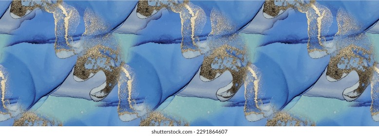 Pintura de tinta sin vectores. Acuarela Fluid Elegante. Mármol de tinta vectorial. Copper dorado. Fondo de degradado azul. Pintura de arte de oro. Lienzo de tinta de alcohol. Acuarela De Mármol Foil. Acuarela Foil