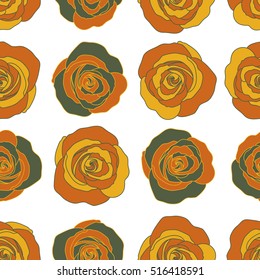 Vector seamless ink pattern with abstract flowers in brown and green colors. Hand drawn brush painting roses. Trendy floral background.