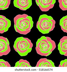 Vector seamless ink pattern with abstract flowers in green and pink colors. Hand drawn brush painting roses. Trendy floral background.